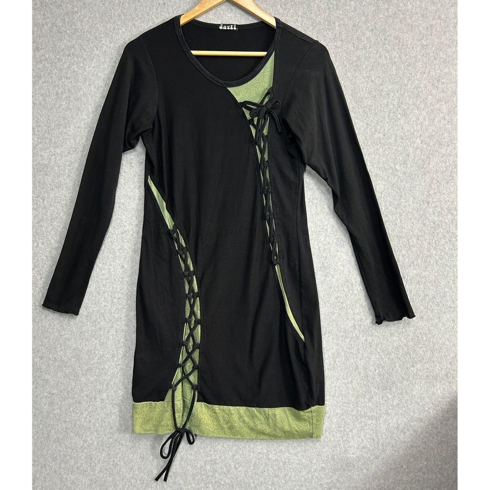 Jayli Hippie Dress Black Green Lace Up Long Sleeve Witchy Whimsigoth Size S / Mβ